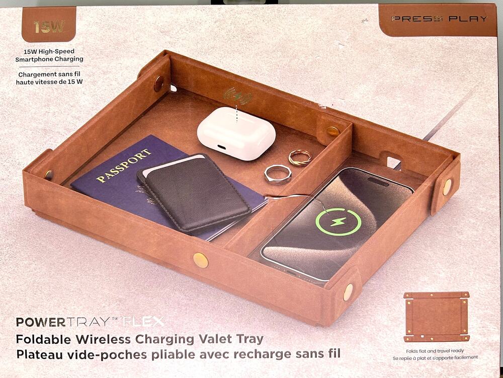 Press Play Brown Vegan Leather Foldable Wireless Charging Pad And Valet Tray